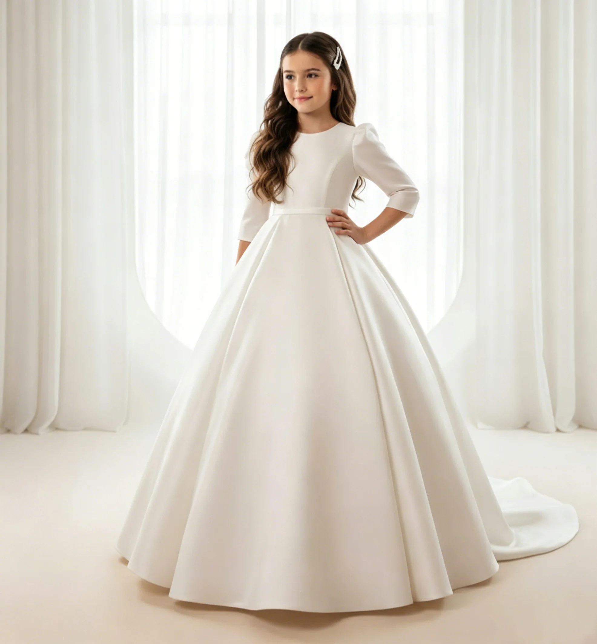 

Elegant Satin O-Neck Long Sleeves Flower Girl Dress for Children's Sacrament Birthday Bridesmaid Dress Customize