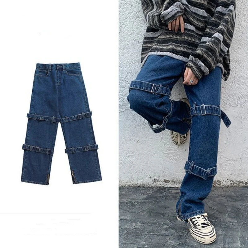 Heren Hiphop Jeans Europese En Amerikaanse High Street Y Y 2K Stijl Persoonlijkheidsband Straat Zwart/Blauw Rechte Losse Jeans Broek