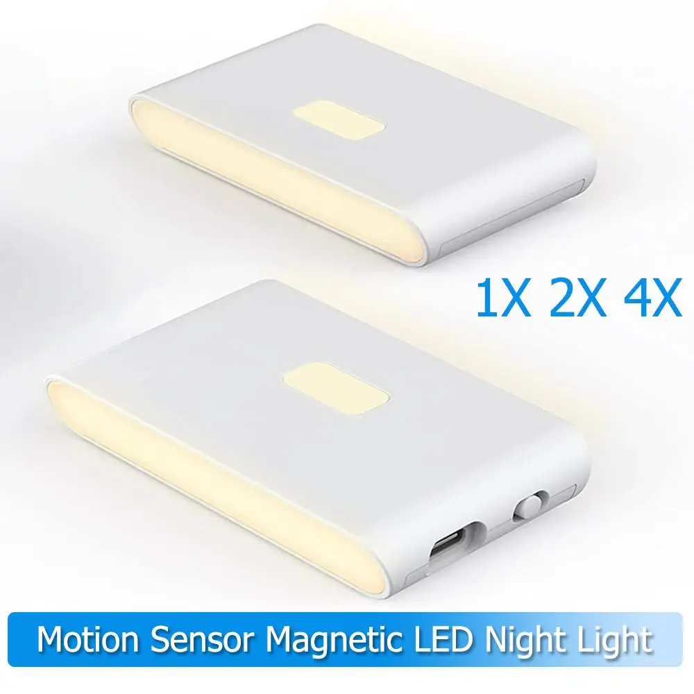 Motion Sensor Led Night Light Wireless Magnetic 2700k 0.2w Abs 300amh Smart Type-c Charging Wall Warm White Hallway Lamp Cabinet