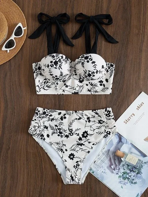 

2024 High Waist Swimwear Women Bathing Suit Leaf Print 2 Pieces Set No Sleeves Swimsuit Women's Swimming Sexy Bikini Dropship