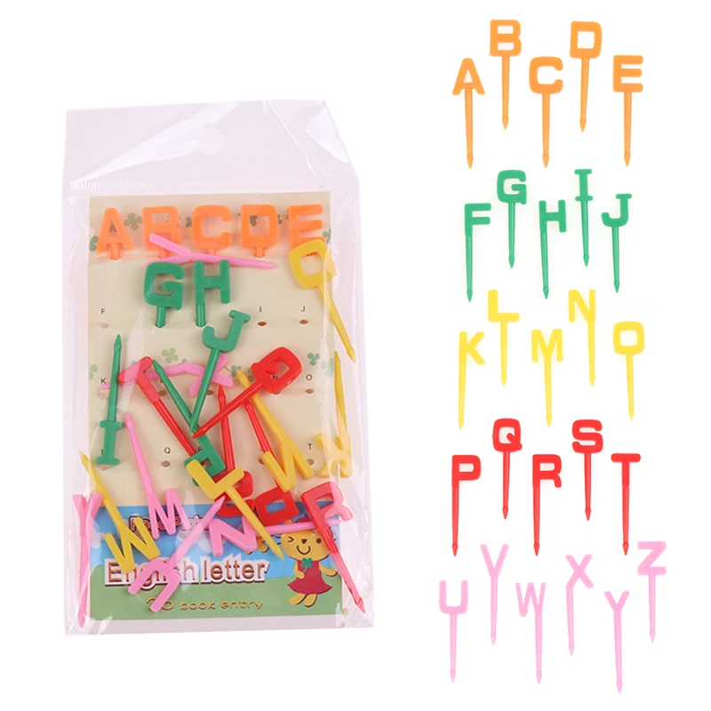 26Pcs Mini Cartoon Toothpick Fruit Forks 26 Letters For Bento Box Lunch Box Decorative