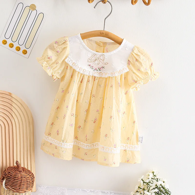 2024 Printed Baby Girl Princess Dress First Birthday Clothing for Infant Children Bubble Sleeve Lace Toddler Girls Cute Clothes