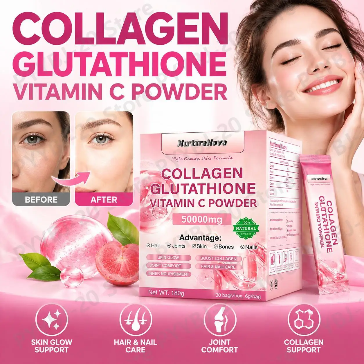 NutureNova Collagen Glutathione Vitamin C Powder for Beauty Skin Glow Collagen Support Hair Nail Care & Joint Comfort 30 Bags