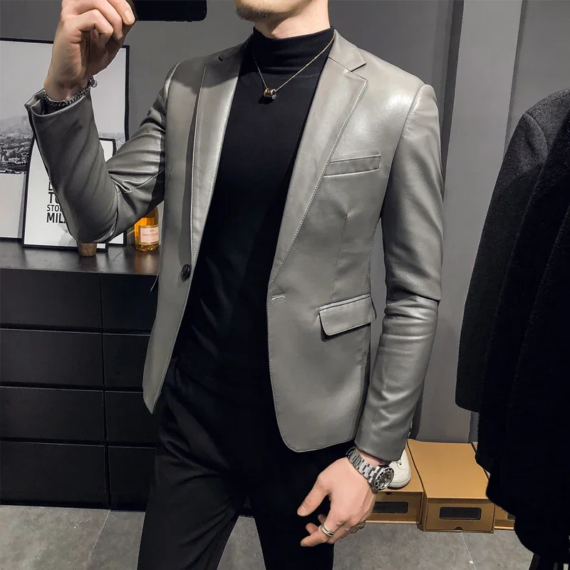 

2024 Brand clothing Fashion Men's High quality Casual leather jacket Male slim fit business leather Suit coats/Man Blazers K13