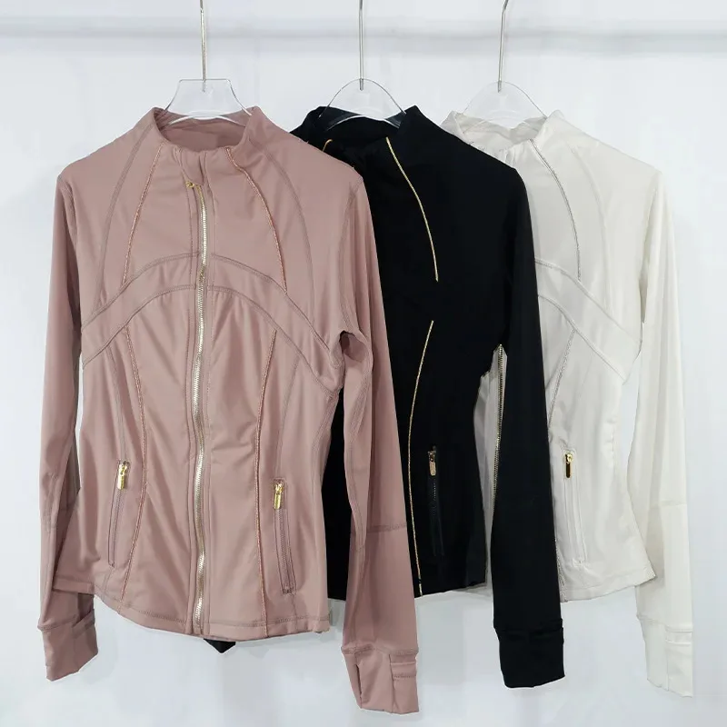 

Women's Yoga Jacket with Golden Zipper | Slim Fit Stand Collar Cardigan | Anti-Slip Hem & Thumb Holes | Quick-Dry High Ela
