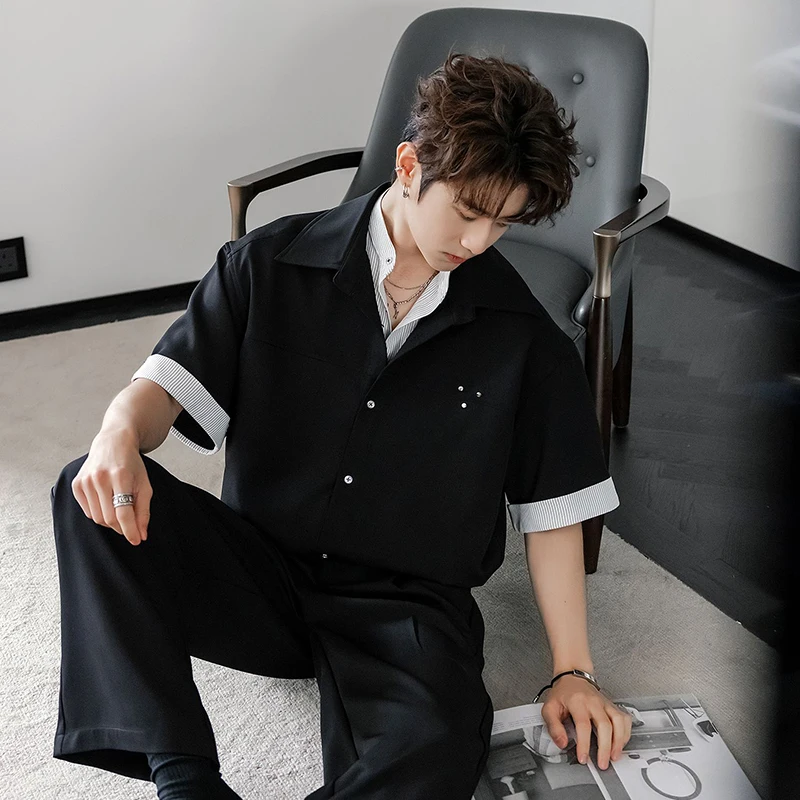 Fake Two Piece Striped Men Short Sleeve Shirt Summer Fashion Simple Business Casual Loose Tops Black Blue Interview Campus Daily