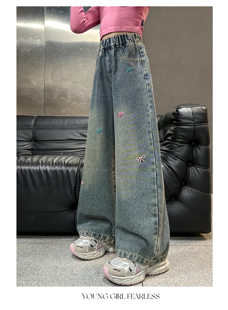 Heißer Verkauf: Modische Jeans mit Schleifenstickerei für Mädchen im Teenageralter, lässige gerade Jeanshose für Teenager, modische Jeanshose für Kinder – Detail 8