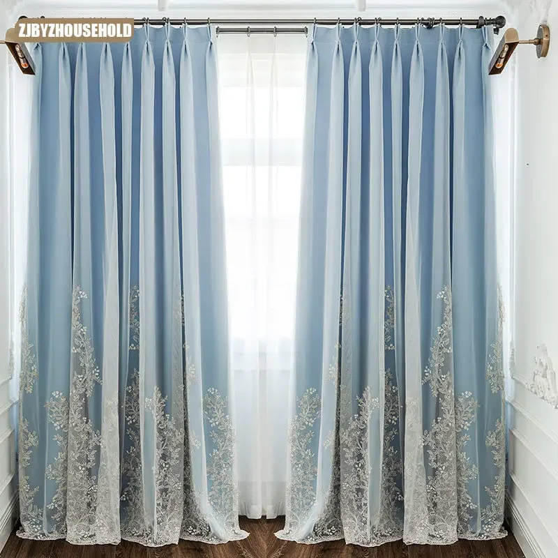 

French Light Luxury Embroidery Bedroom Modern Double Layer Blackout Curtains for Wedding Curtains for Living Dining Room Bedroom