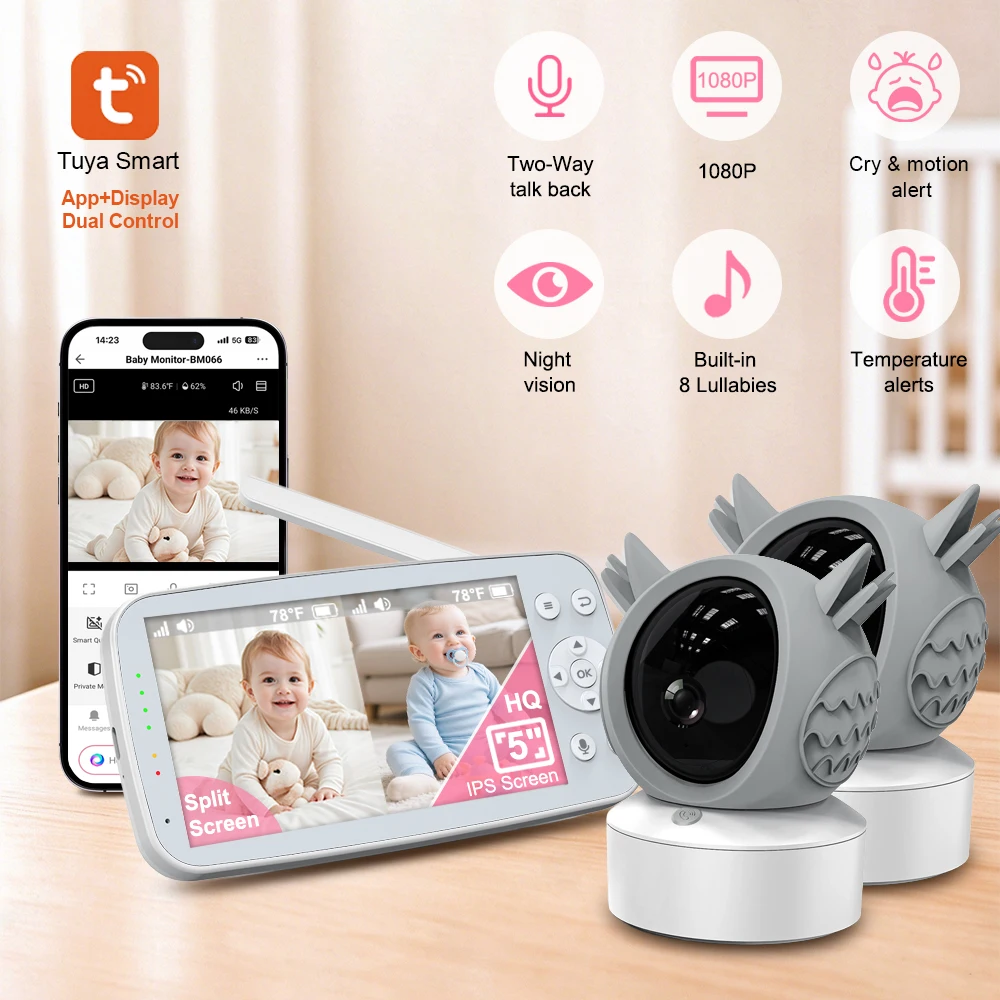Digital Baby Monitor With Two Cameras & Video 1000ft Range Night Vision Auto Tracking Temp Alerts 1-Click Call 5 Inch Baby Phone