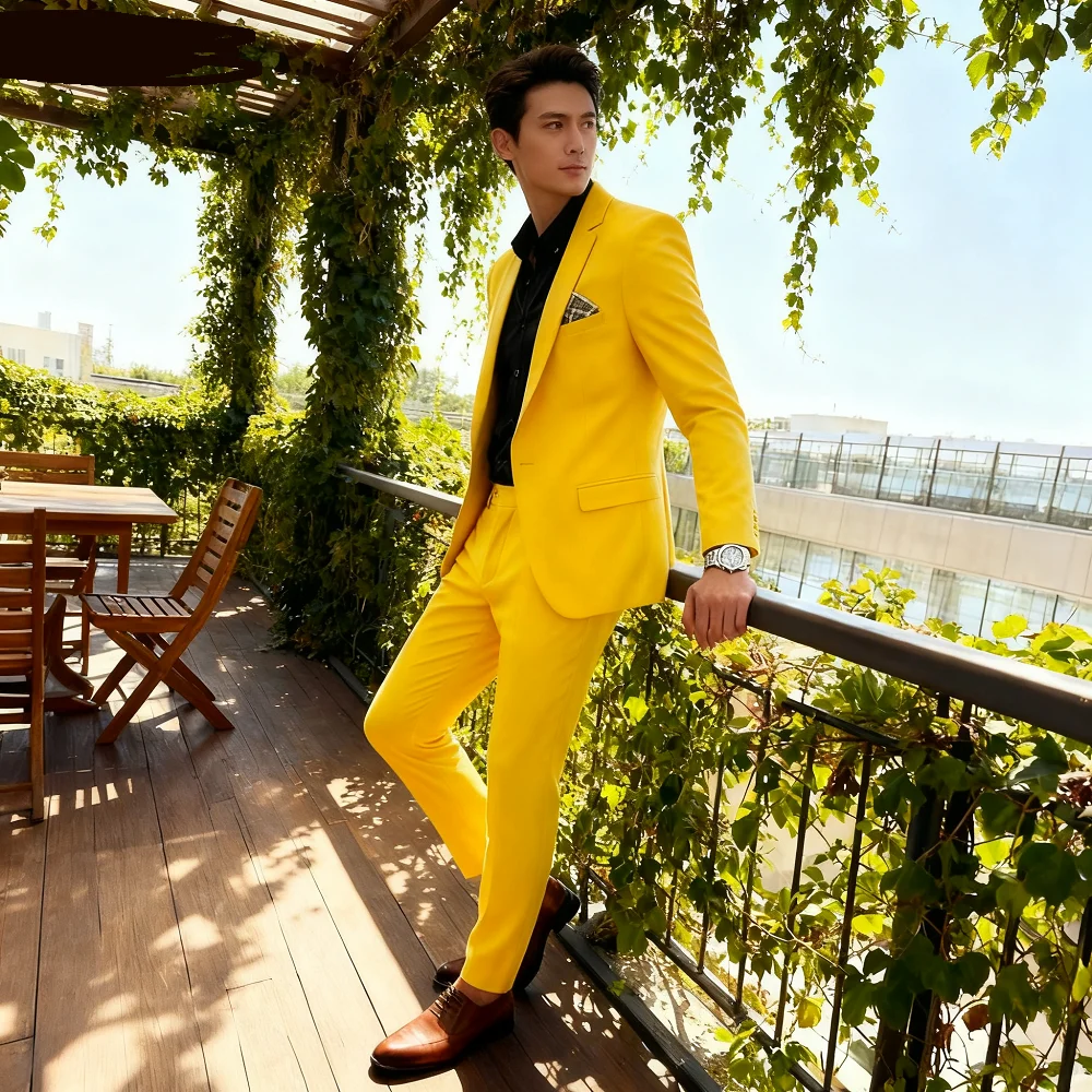 

Мужской костюм-двойка, однотонный, повседневный, элегантный, высококачественный, новый, банкетный, готовый, модный ансамбль