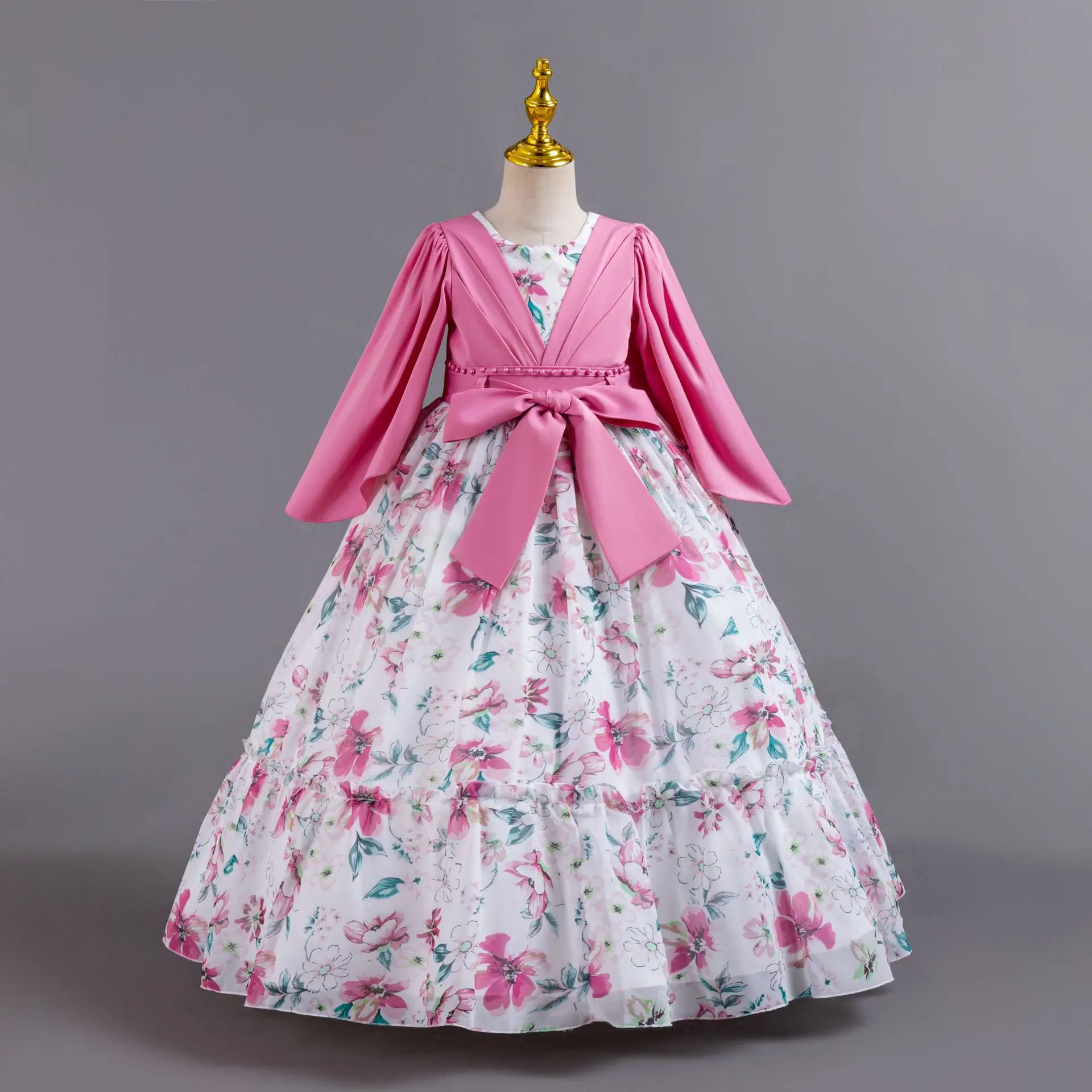 Robe de soirée en mousseline de soie pour petites filles, imprimé floral, pour mariage, fête d'anniversaire, reconstitution historique, AC135