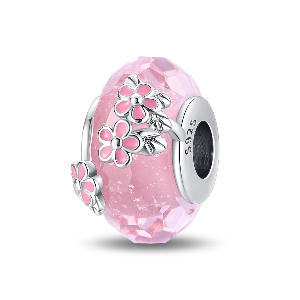 Original 925 sterling silver Sakura Glass Beads Charms Pendant  Fit DIY bracelet necklace Gift for Her，Colgante Plata