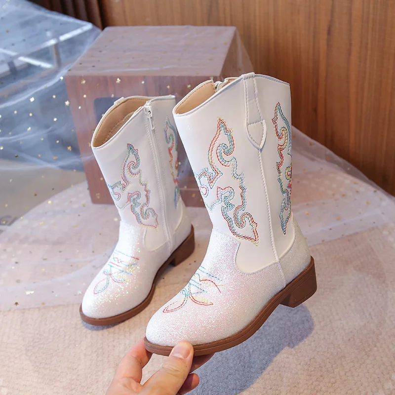

Girls' Princess High Boots 2025 Autumn Winter Girls Denim Long Boots Children Embroidered PU Leather Western Boots Size 27-37