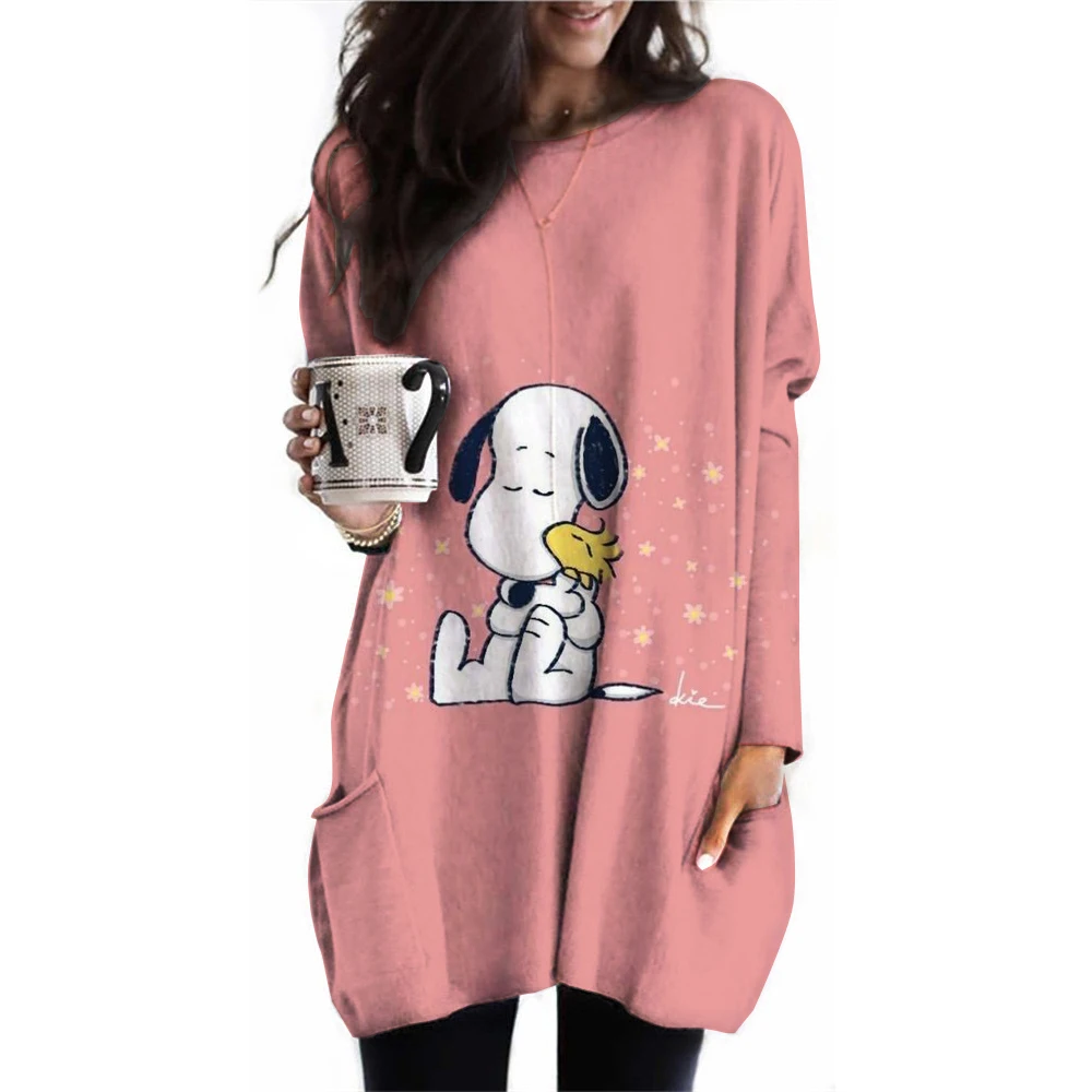 Snoopy Cartoon Anime Women Pullover Spring Autumn Women Round Neck Hoodie Clothes 2024 New Fashion White Couple Sweatshirt Tops