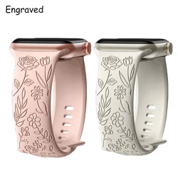 Engraved Strap Band for Apple Watch Ultra 2 49mm 45mm 44mm 40 41mm Floral Silicone Bracelet Fashion IWatch Series 9/8/7/6/5/4/se