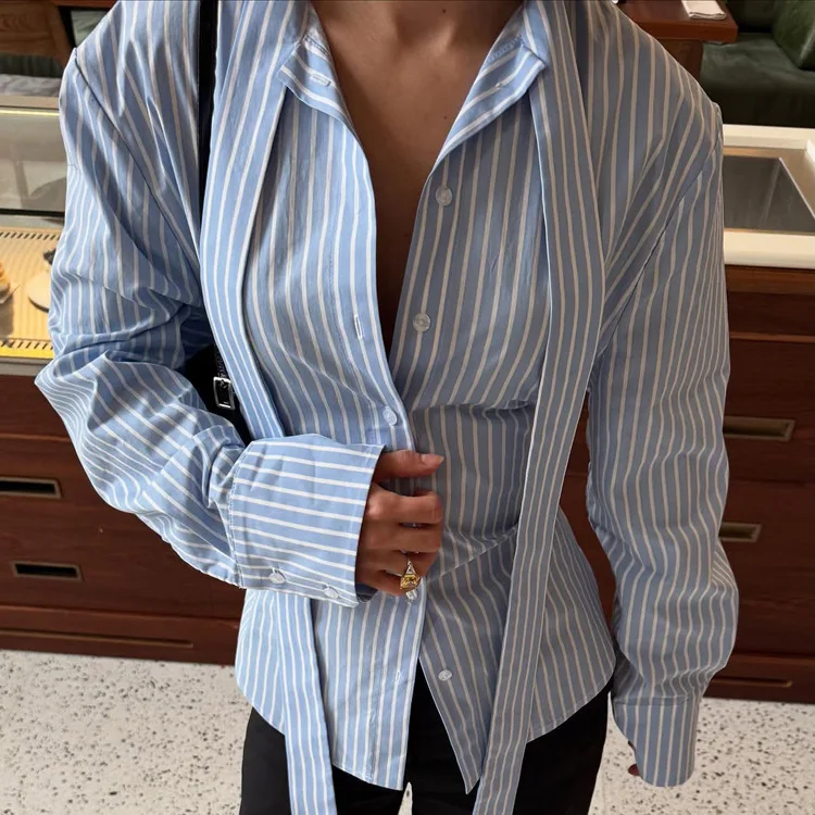 European And American Women's Striped Collared Shirt, 2026 New Design, Waist-Cinching, Long-Sleeved, Tie-Front Cardigan Blouse