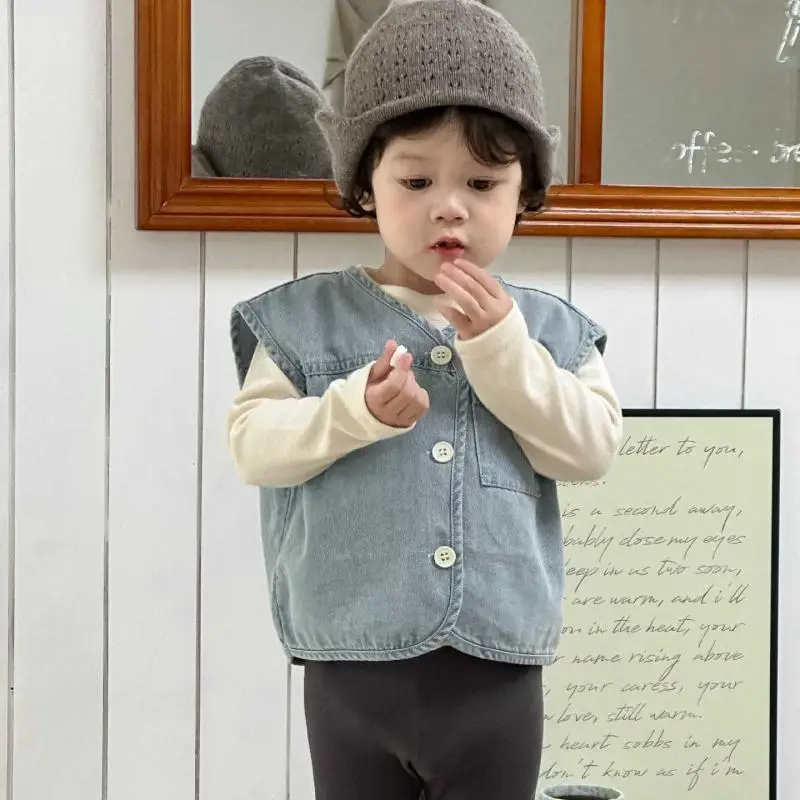 

2025 Autumn New Baby Sleeveless Denim Vest Solid Infant Boy Casual Vest Girls Cardigan Coat Toddler Vest Jacket Children Clothes