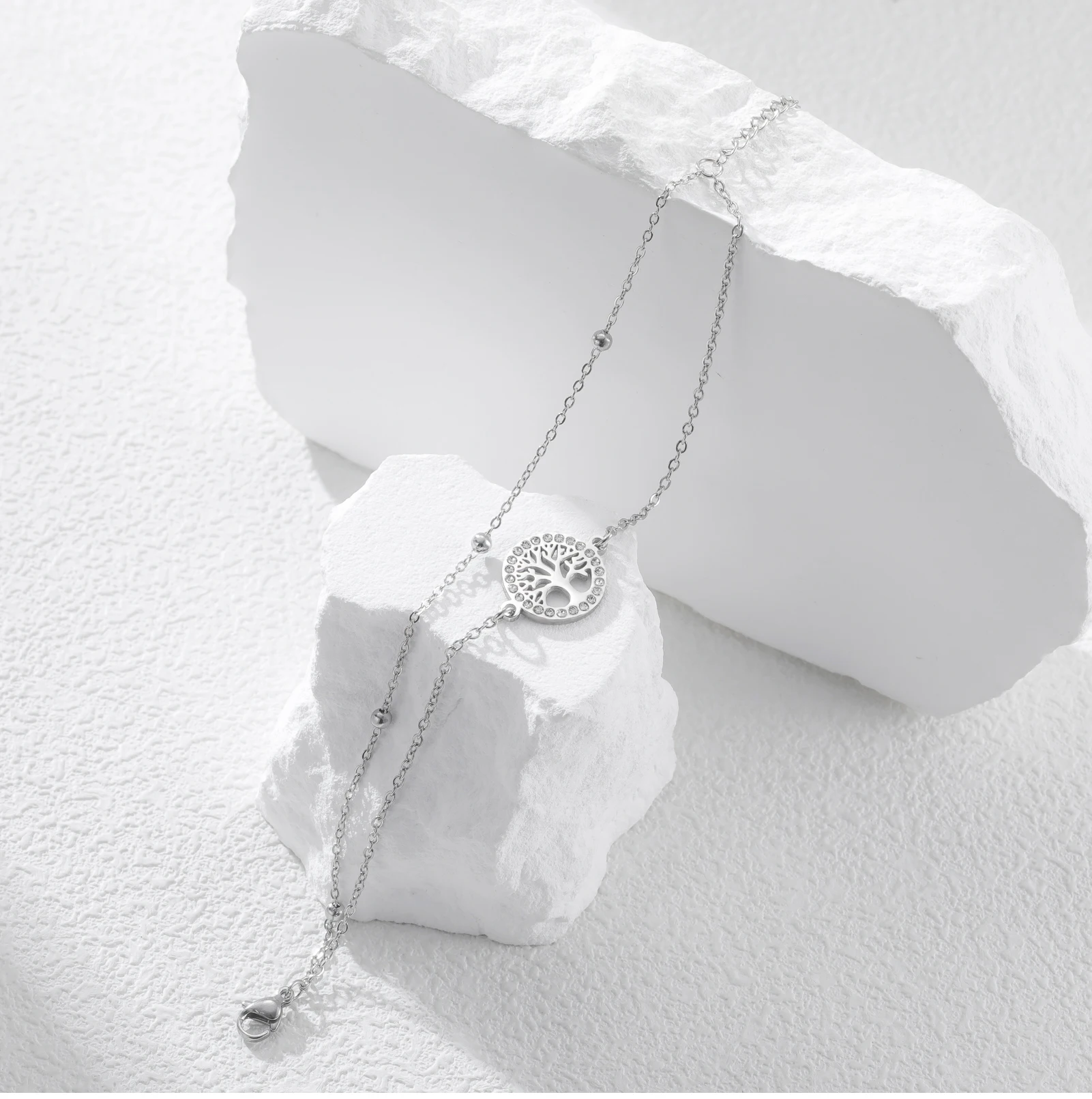 CoolTime Baum des Lebens Ring Zirkon Damenarmbänder Edelstahl Doppelketten Schmuck Goldfarben Mode Amulett Geschenk – Detail 14