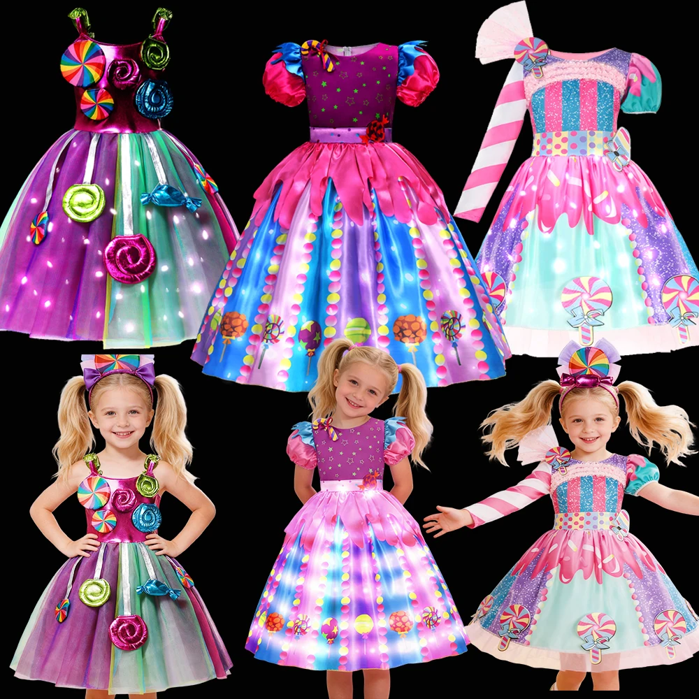 

Светодиодное платье конфет, сладкий лед, детский Радужный костюм на День святого Валентина, леденец для девочек, карнавальный костюм для косплея, подарок на день рождения