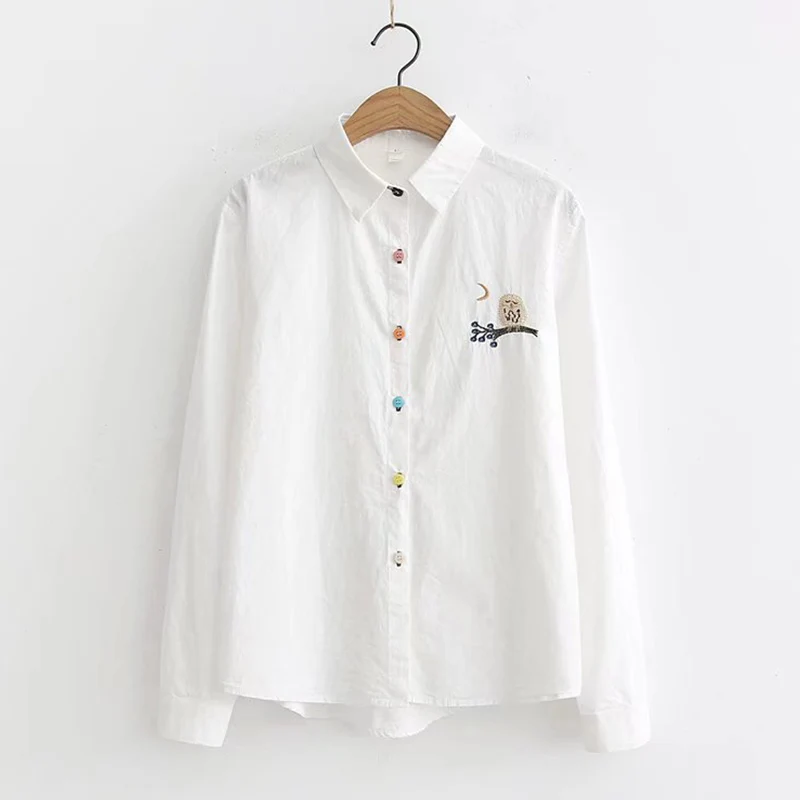 Casual Sweet Stripe Embroidery Long Sleeved White Shirt Women Turn Down Collar Cotton Colorful Button Female Blouse Tops U261