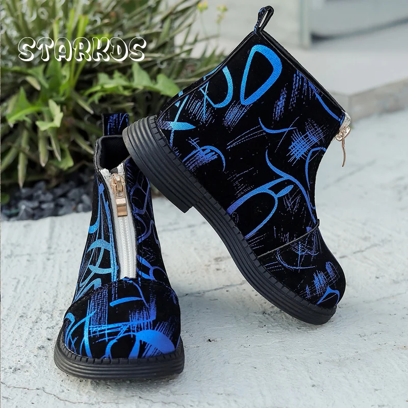 Diamond Checker Print Ankle Boots For Kids Girls 2024 Autumn New Front Zipper Short Booties Children Flat Leopard Denim Botas