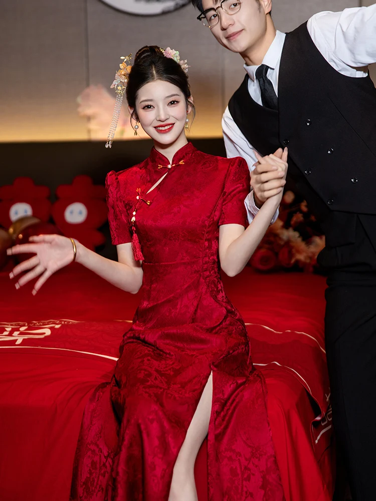 

Red Chinese Sle Engagement Dr Casual Wear Wedding Gown ort Sve Zipper Ba mid Waist Vintage Sle Fi Tail Dr