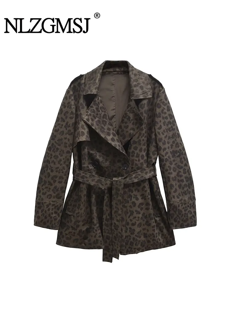 TRAF 2024 Autumn Leopard Print Elegant Fashion Women Trench Outerwear Double Breasted Long Sleeve Lapel Belted Trench Coats