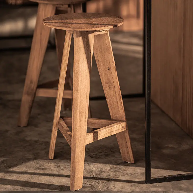 Imported teak design solid wood bar chair high stool home bar chair trapezoidal tripod support log color stool