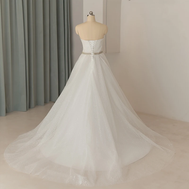 Jancember Beautiful Nude Lining A-line Wedding Dresses Customized Strapless Lace Bride Gowns Court Train Backless Button QW01602