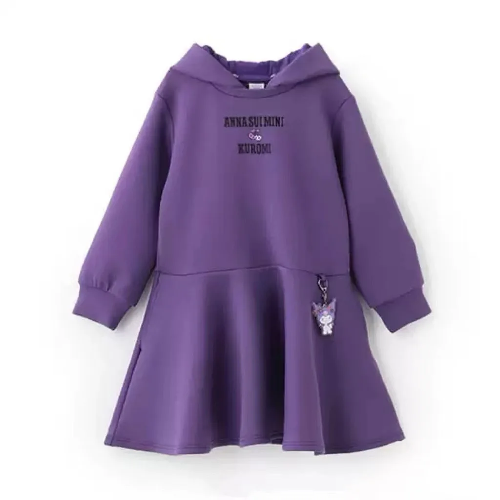 Sanrio Kuromi Hooded Dress Teen Girls 2024 Autumn Winter New Long sleeves Hoodie Dresses Kids Fashion Casual Princess Costumes