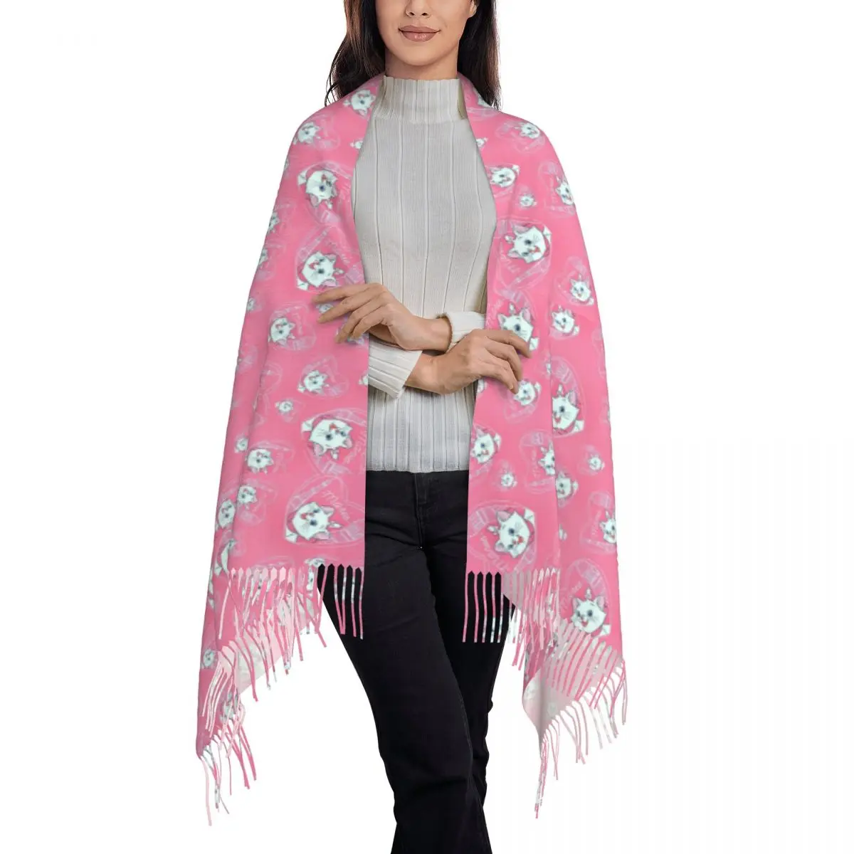 Custom Marie Aristocats Cat Tassel Scarf Women Winter Fall Warm Shawl Wrap Lady Scarves