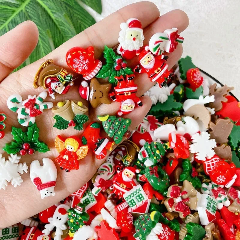 50pcs Resin Christmas Flatbacks Santa Snowman Snowflake Holly Xmas Tree Mixed Cabochons For Scrapbooking DIY Crafts Hair Jewelry