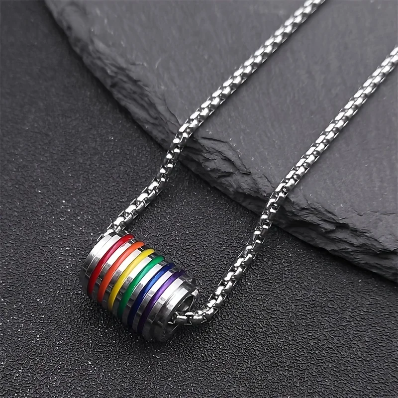 Hip Hop Enamel Rainbow Bead Charm Necklace Stainless Steel Box Chain Necklaces LGBT Pride Jewelry