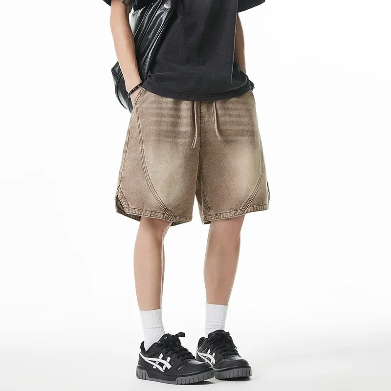

Men Shorts Washed Denim Shorts Distressed Solid Straight Jeans Knee Length Spliced Loose Male Summer Vintage Drawstring Pockets