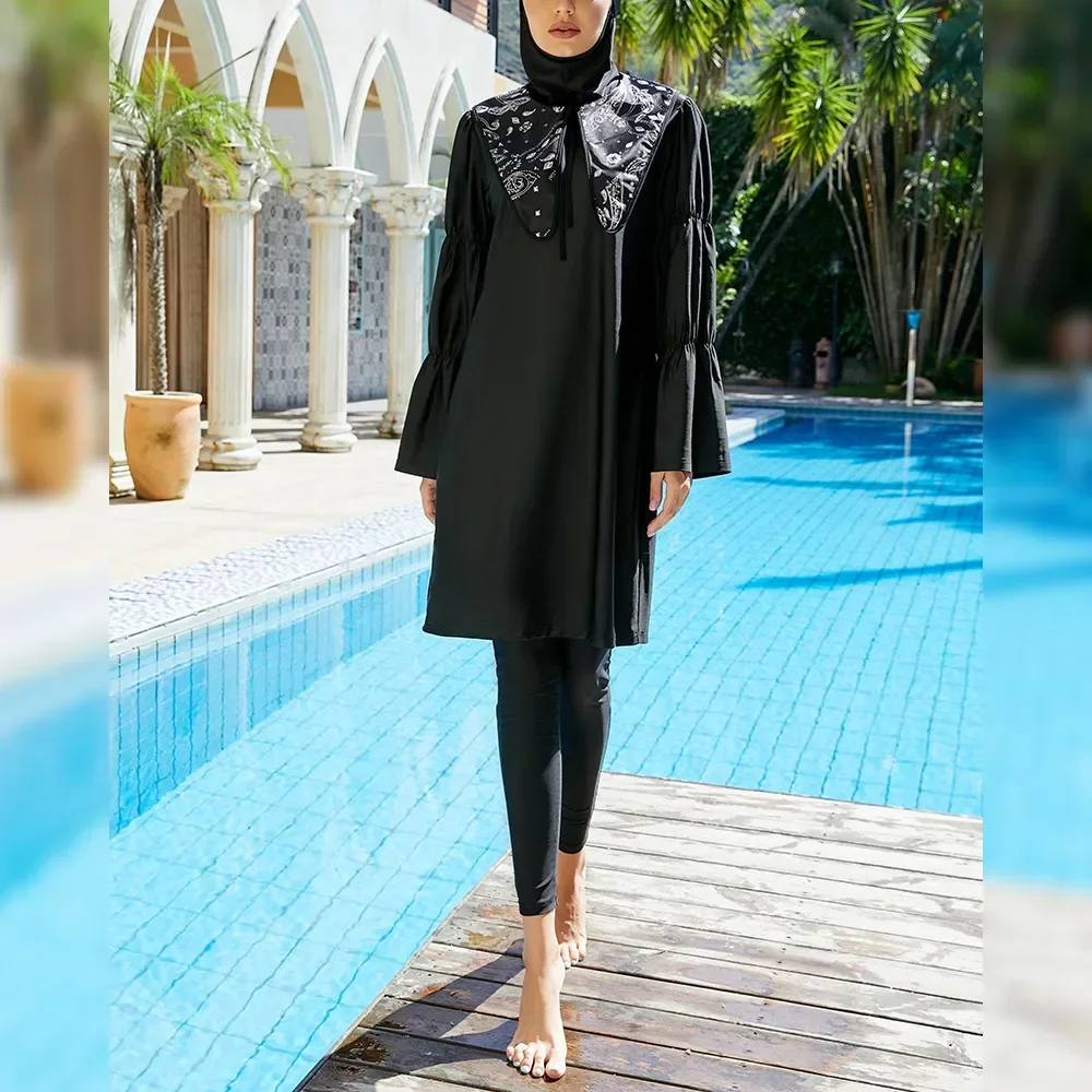 2025 Burkini Muslimische Bademode Schwarz Druck 3-teiliges Set Badeanzug Modest Frauen Hijab Islam Frauen Voller Badeanzug Langarm Baden