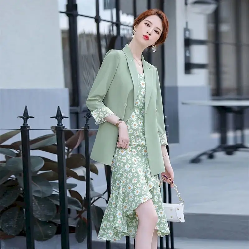 

Fashion Blazer Dress Set Spring Autumn Suit Jacket Dress Two-piece Suits Temperament Slim Summer Floral Skirt Professional Wear