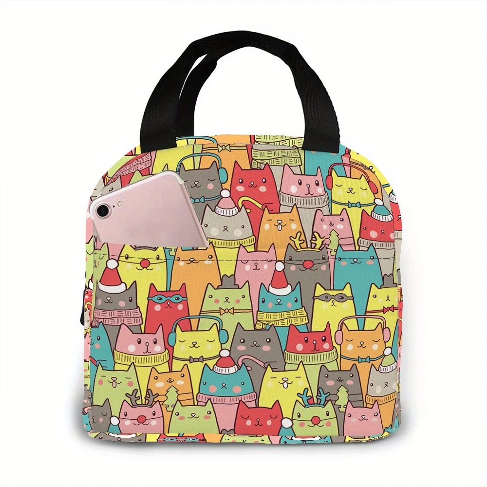 Adorable Cartoon Cat Printed Insulated Lunch Bag Reusable Hand Washable for Office Travel Picnic