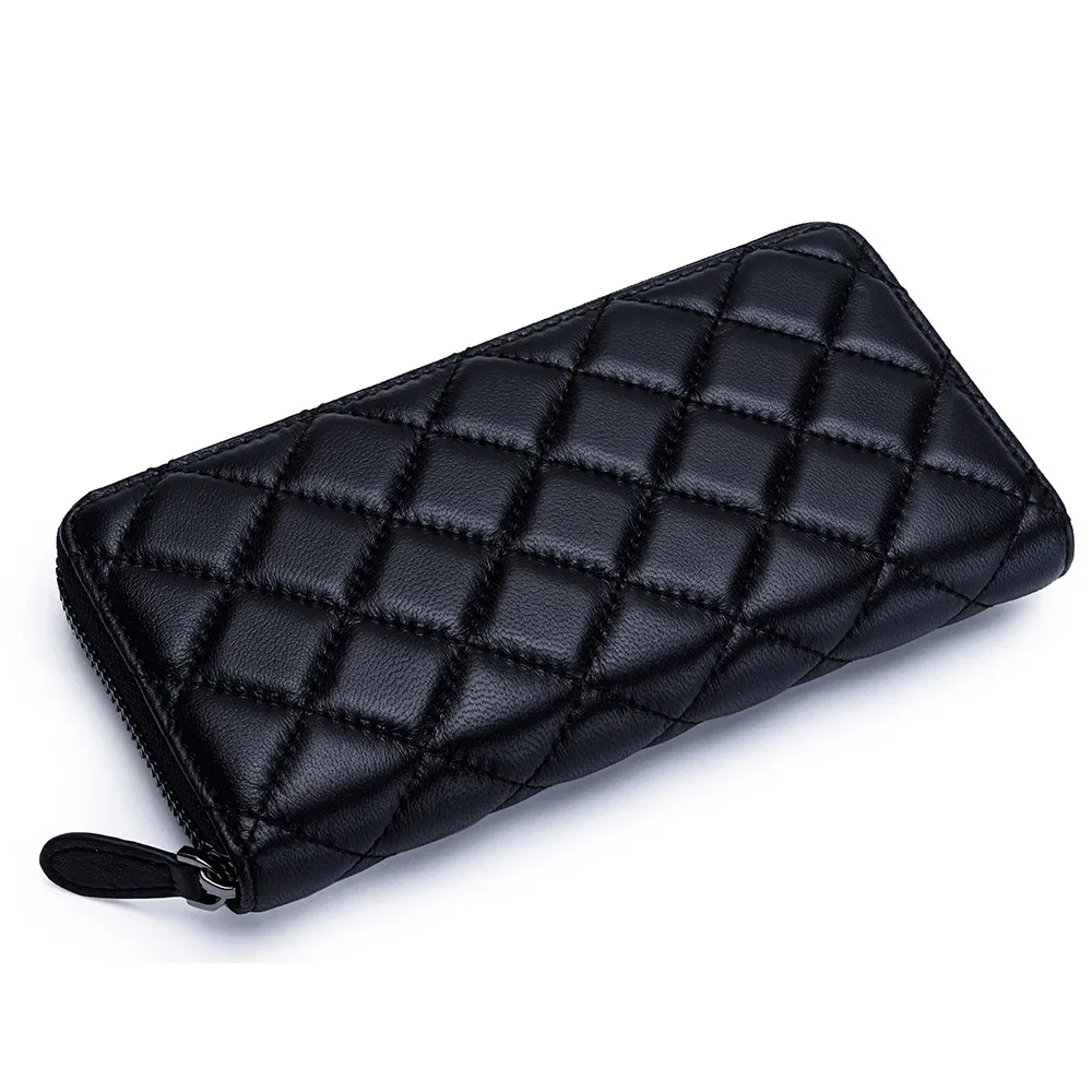 Dompet Kulit Wanita Panjang Kapasitas Besar Fashion Kulit Domba Bordir Berlian Periksa Ritsleting Dompet Tas Ponsel