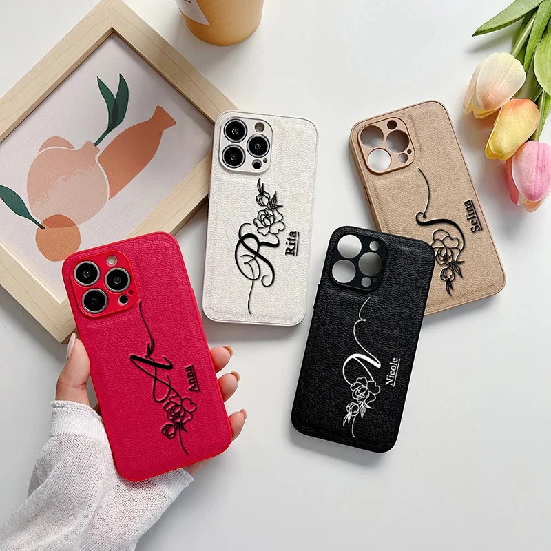 11 Pro Max Case Personalised Customized Name Leather Luxury pattern Cover For iPhone 16 15 14 13 12 Pro Max XR XS Max 7 8 Plus