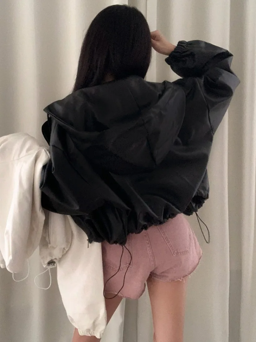 

Chic Spring Vintage Loose Zipper Hooded Leather Jaet Waist Dstring ort Sle Women's Outerwear Faion Commute
