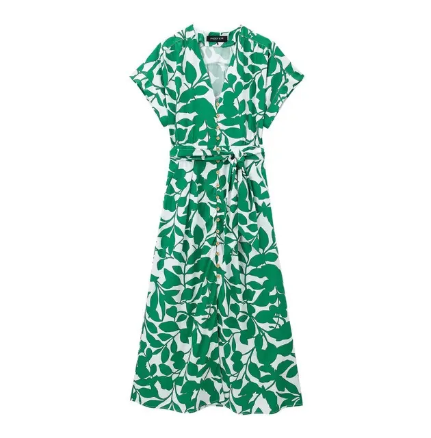 

New Women Chic Botanical Print Belt Single-Breasted Decorate Short Sleeves Midi Dresses Elegant Woman Beach Long Dress