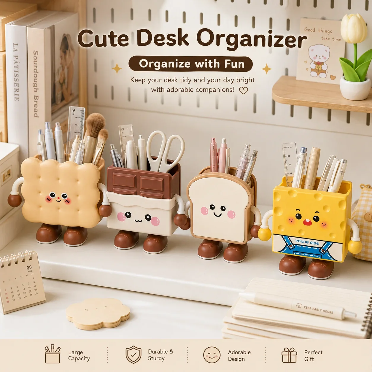 Kawaii Toast Bread Pen Holder, Novelty Desk Storage for Stationery, Pencils and Makeup Brushes, Fashionable Desktop Decoration