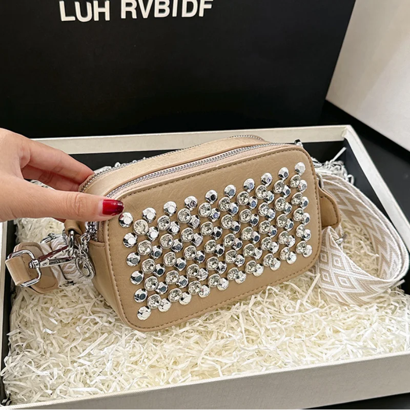 Rivet Diamonds Crossbody Bags for Women Trend 2024 Wide Strap Small Square Bag High Quality Fashion Leather Woman Shoulder Bag