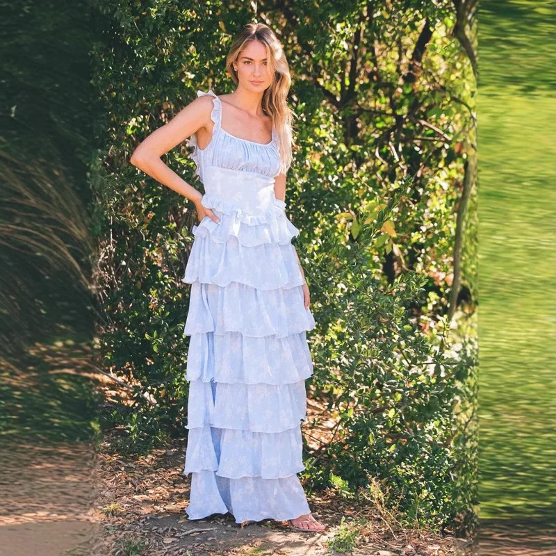 

Casual Holiday Dresses Luxury 2025 Summer Light Blue Ruffled Tiered Long Dress Backless Dating Garden Party Gatherings Outfit