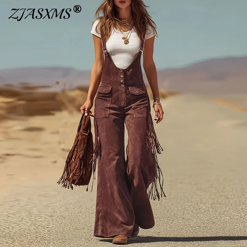 

Western Vintage Solid Suede Tassel Female Jumpsuit Fashion Hollow Out Button Overalls 2026 Spring Strappy Bodysuit Woman Rompers