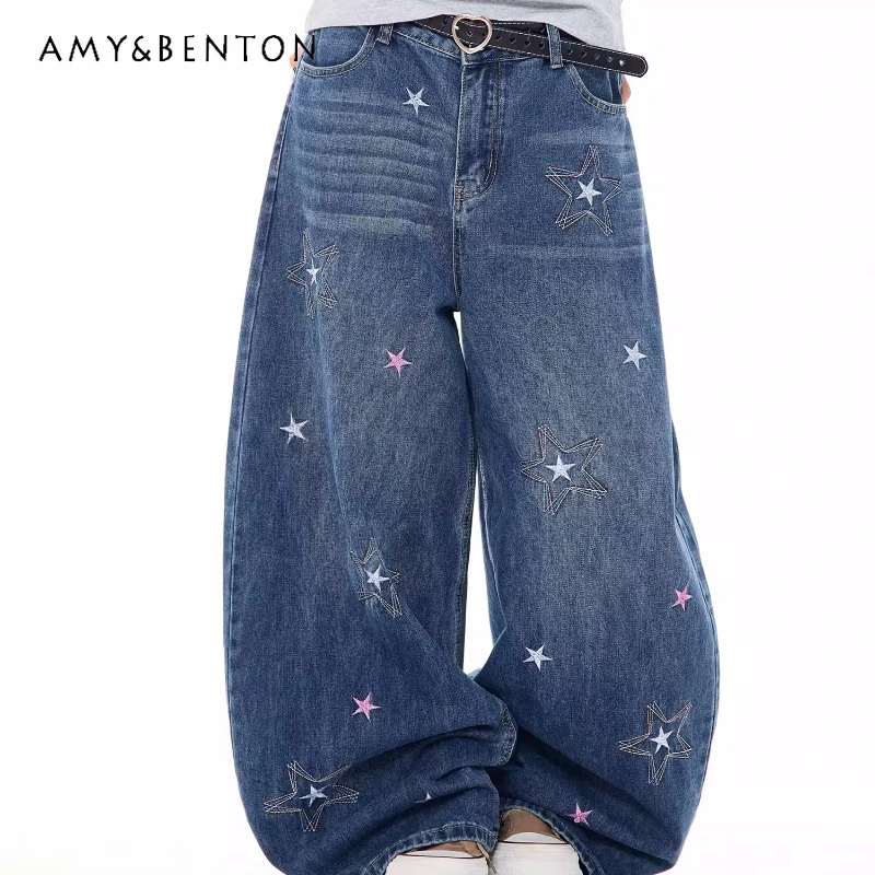 

American Retro Design Star-embroidered Women's Jeans 2026 Spring Autumn New Sweet Cool Loose Versatile Wide-leg Pants Ladies