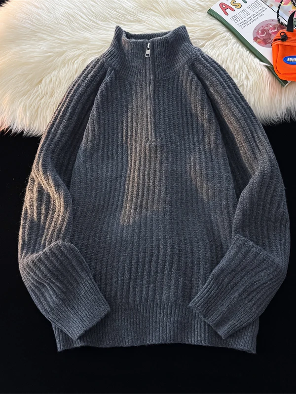 

Мужской повседневный свитер с воротником-стойкой на молнии, осенний, универсальный, свободного кроя, вязаный, в американском стиле, для расслабленного образа