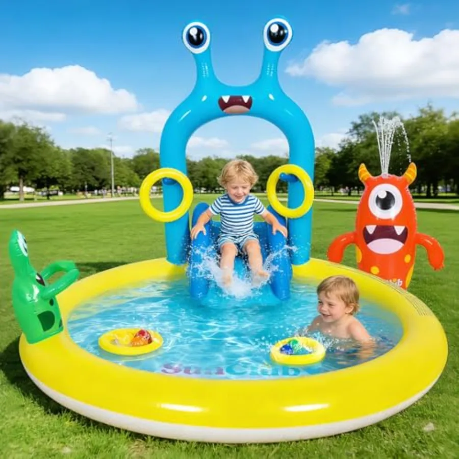 Inflatable Splash Pad for - Monster Spray Play Center, PVC Blue, UV-resistant quick-dry with slide, sprinkler, toss rings balls