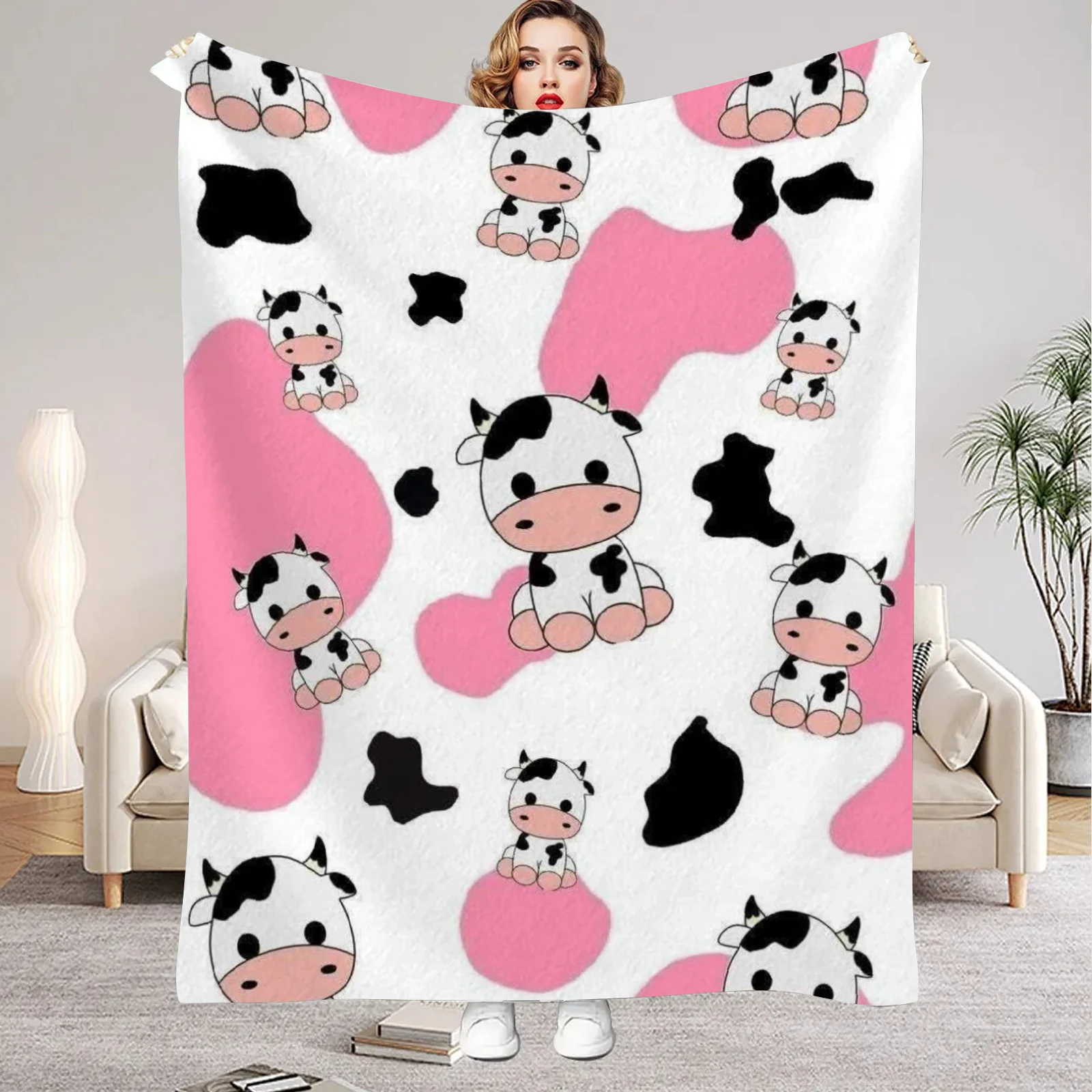 1Pc Digital Printed Moo Cow Bow Milk Style Flannel Blanket Mattress Cover Blanket for Family Beds,Sofas,Offices,Outdoor Camping