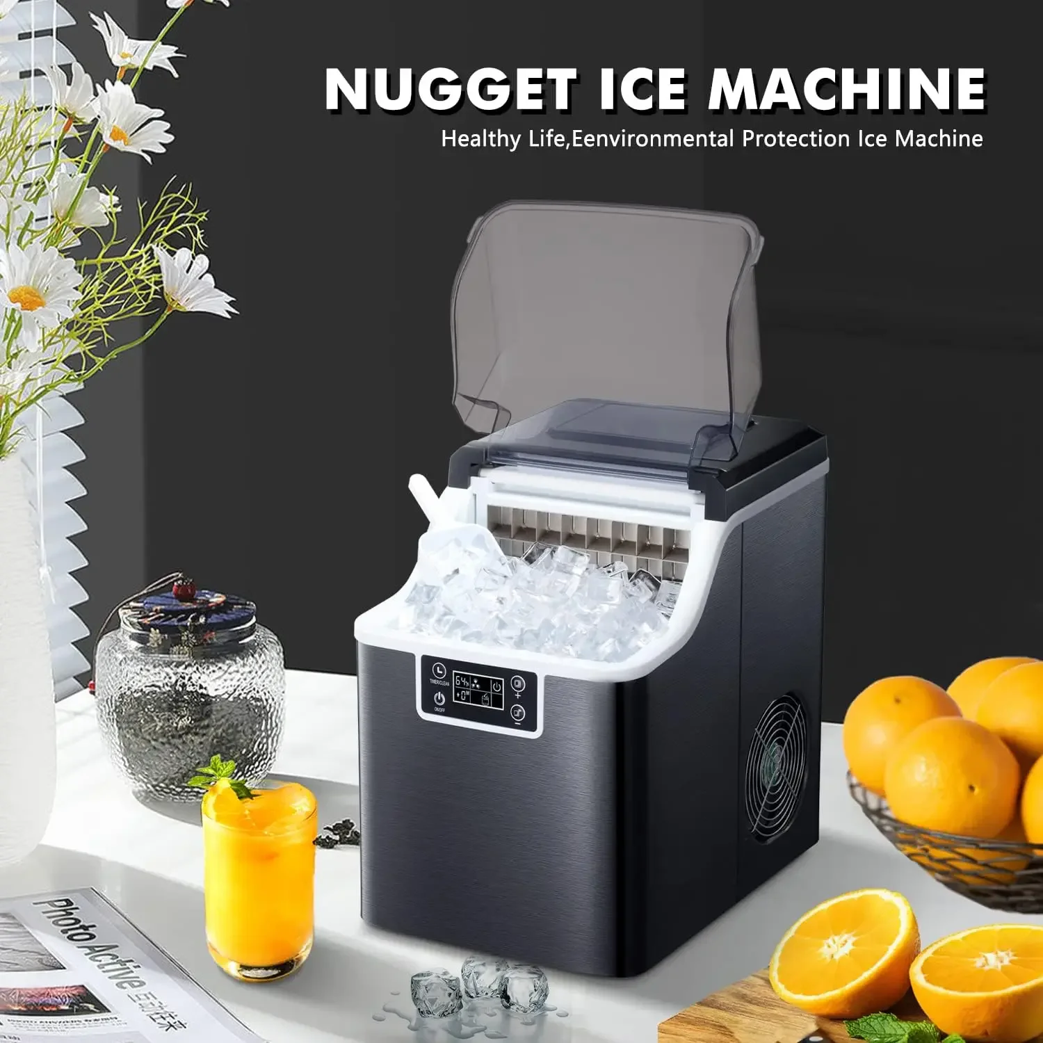 Máquina Self-Cleaning Countertop Ice Maker, Quadrado, de alta eficiência, 2-Way Adicionar, 45 Lbs por dia, 24Hrs Temporizador, Compacto e Confiável